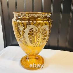 Vintage BOHEMIAN Yellow Honey Amber Cut To Clear Etched Vase 9X6 Chech Glass