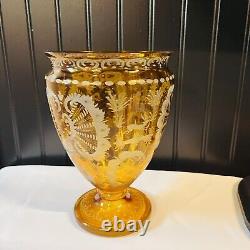 Vintage BOHEMIAN Yellow Honey Amber Cut To Clear Etched Vase 9X6 Chech Glass