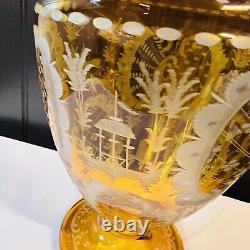 Vintage BOHEMIAN Yellow Honey Amber Cut To Clear Etched Vase 9X6 Chech Glass