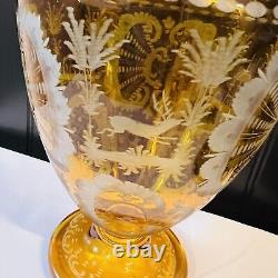 Vintage BOHEMIAN Yellow Honey Amber Cut To Clear Etched Vase 9X6 Chech Glass