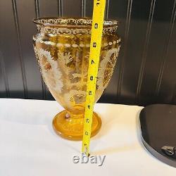 Vintage BOHEMIAN Yellow Honey Amber Cut To Clear Etched Vase 9X6 Chech Glass