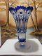 Vintage Bohemia Crystal Cut To Clear Blue Footed Vase