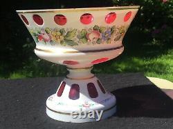 Vintage Bohemian CZECH White Cased Cut to cranberry Glass Pedestal footed bowl
