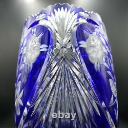 Vintage Bohemian Cobalt Blue Crystal Vase Cut To Clear 10 Tall