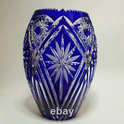 Vintage Bohemian Cobalt Blue Crystal Vase Cut To Clear 10 tall Sawtooth Edge