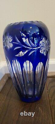 Vintage Bohemian Cobalt Blue Crystal Vase Cut To Clear 8 Tall