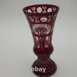 Vintage Bohemian Cranberry Red cut to Clear Glass Vase or Goblet. Mid Century