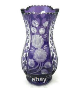 Vintage Bohemian Crystal Vase Amethyst Purple Cut to Clear withFloral Etching