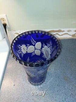 Vintage Bohemian Cut Rose Cobalt Blue Glass Vase