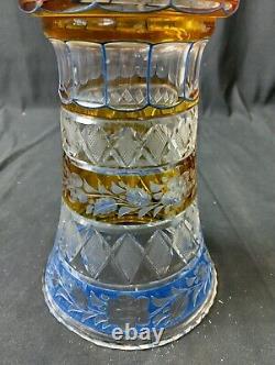 Vintage Bohemian Cut Style Vase Blue Gold Clear 8.25