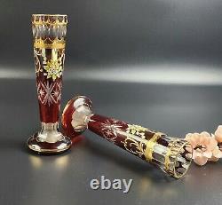 Vintage Bohemian Cut-to-Clear Ruby Glass Vases Set of 2 8 Tall