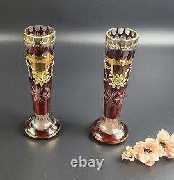 Vintage Bohemian Cut-to-Clear Ruby Glass Vases Set of 2 8 Tall