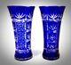 Vintage Bohemian Czech Art Glass Cobalt Blue Cut To Clear Cut Glass Vase Set Wow
