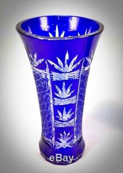 Vintage Bohemian Czech Art Glass Cobalt Blue Cut to Clear Cut Glass Vase Set WOW