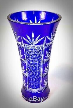 Vintage Bohemian Czech Art Glass Cobalt Blue Cut to Clear Cut Glass Vase Set WOW
