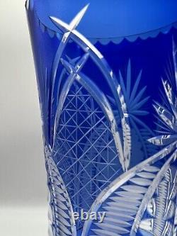 Vintage Bohemian Czech Cobalt Blue Cut To Clear Crystal Glass Vase 13 3/4 in
