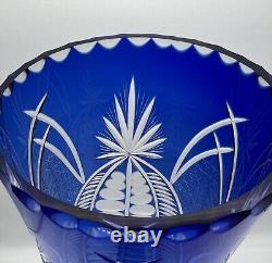 Vintage Bohemian Czech Cobalt Blue Cut To Clear Crystal Glass Vase 13 3/4 in