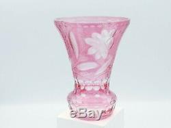 Vintage Bohemian Czech Cranberry Cut to Clear Etched Glass Vase Flowers / Fronds