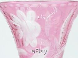 Vintage Bohemian Czech Cranberry Cut to Clear Etched Glass Vase Flowers / Fronds