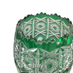 Vintage Bohemian Czech Crystal Vase Cut To Clear Emerald Green Hobstar Euc