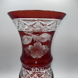 Vintage Bohemian Czech Ruby Red Cut To Clear Glass 14 Tall Vase