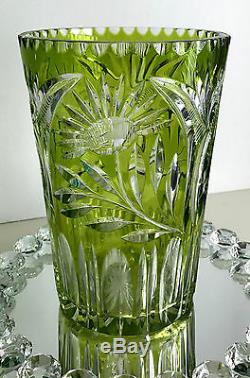 Vintage Bohemian Lime Paridot Reseda Cased Cut To Clear Crystal 6 Lb. 9 Vase