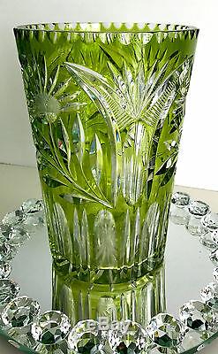 Vintage Bohemian Lime Paridot Reseda Cased Cut To Clear Crystal 6 Lb. 9 Vase