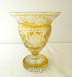 Vintage Bohemian Moser Amber Yellow Cut to Clear Crystal Vase Floral Intaglio