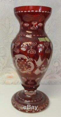 Vintage Bohemian Ruby Red Cut to Clear Glass Deer Stag Blackforest Egermann Vase