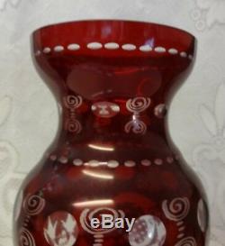 Vintage Bohemian Ruby Red Cut to Clear Glass Deer Stag Blackforest Egermann Vase