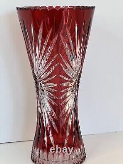 Vintage Bohemian Ruby Red Vase Crystal STARBURST Hand Cut to Clear Heavy MINT