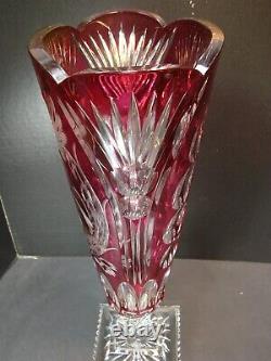 Vintage Bohemian Style Cut To Clear Ruby Red Footed Vase with Bird. HUGE! 16 1/2
