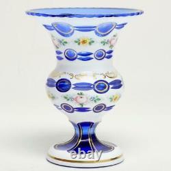 Vintage Bohemian White Cut To Cobalt Blue, Flowers & Gilt Glass Vase