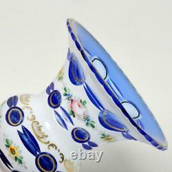 Vintage Bohemian White Cut To Cobalt Blue, Flowers & Gilt Glass Vase