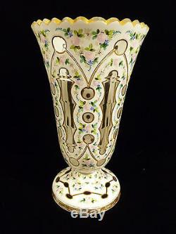 Vintage Bohemian White & Gilt Cut-to-clear Hand Painted Floral Glass Vase