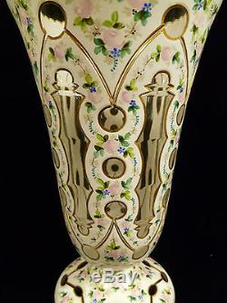 Vintage Bohemian White & Gilt Cut-to-clear Hand Painted Floral Glass Vase