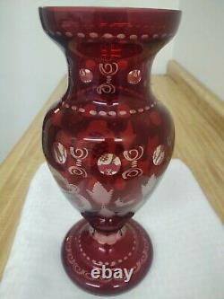Vintage Bohemian glass, Czech ruby cut to clear vase large