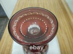 Vintage Bohemian glass, Czech ruby cut to clear vase large
