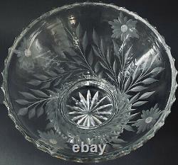 Vintage Brilliant Cut Glass Intaglio Vase Flared with Flowers & Leaves 8H 6W