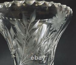 Vintage Brilliant Cut Glass Intaglio Vase Flared with Flowers & Leaves 8H 6W