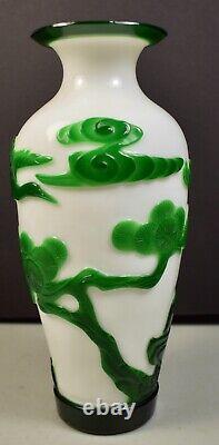 Vintage Cased Cameo Glass Emerald Green Cut to White Vase With Cranes Marked 1875