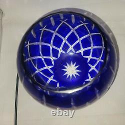 Vintage Cobalt Blue Bohemian Cut To Clear Crystal Rose Bowl Vase Starburst Czech