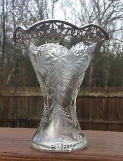 Vintage Cut Glass Etched Vase with Sterling Silver Overlay