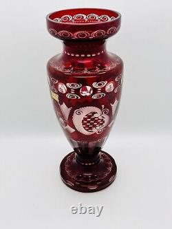 Vintage Cut To Clear Ruby Glass Vase Egermann Bohemian Czech 12 1/2