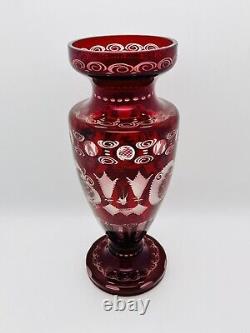 Vintage Cut To Clear Ruby Glass Vase Egermann Bohemian Czech 12 1/2