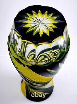 Vintage Czech Bohemian Black Yellow to Clear Cut Glass Vase AMAZING