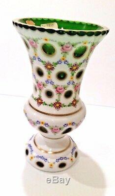 Vintage Czech Bohemian Cased White Cut To Emerald Enameled Glass Vase 9 1/2 R