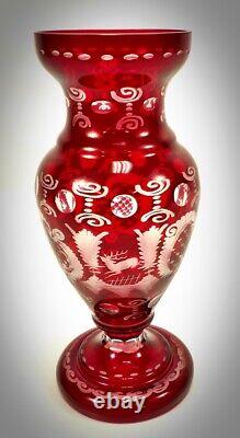 Vintage Czech Bohemian Egermann Ruby Cut t Clear Cut Glass Vase Blackforest Stag
