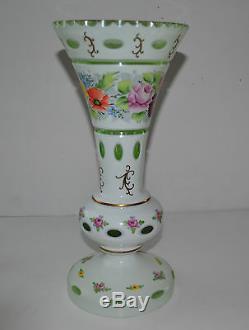 Vintage Czech Bohemian White Cut To Green Glass Vase Hand Painted Floral And Gil