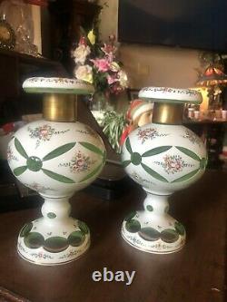 Vintage Czechoslovakia Candle Sticks Cut White to Green 8 Art Glass MOSER